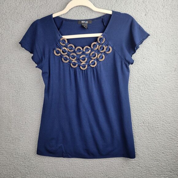 Style & Co Top Blouse Womens M Blue Embellished Neck Interlaced Wood Rings - Picture 5 of 13